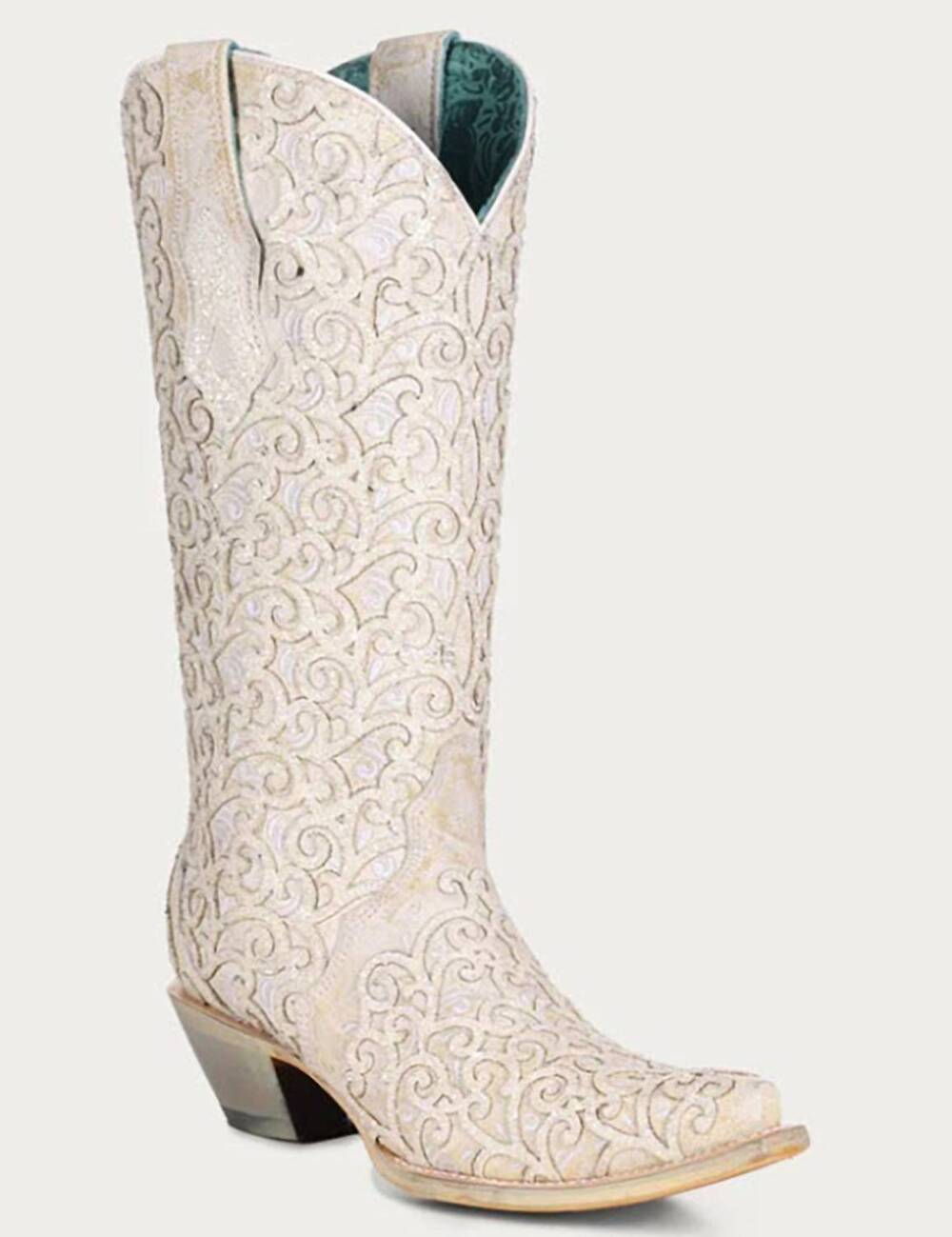NEW CORRAL women's glitter overlay down the isle snip toe boot in white